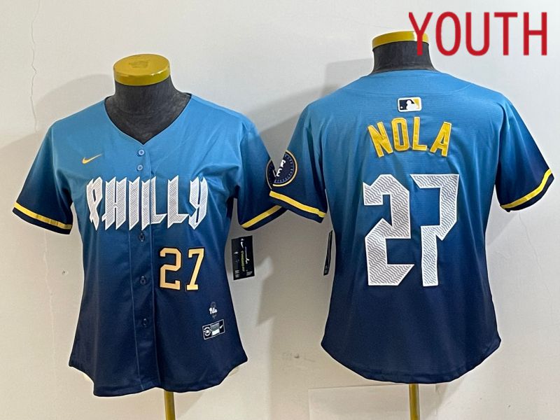 Youth Philadelphia Phillies #27 Nola Blue City Edition Nike 2024 MLB Jersey style 3->->Youth Jersey